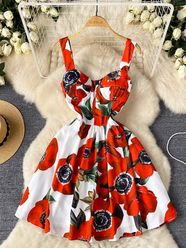 Elegant Flower Short Dresses Women Summer Holiday Sundress Mini Party